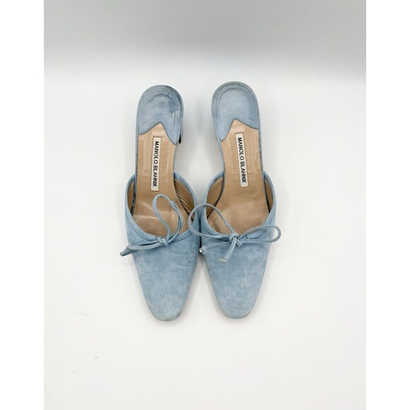 Manolo Blahnik Shoes - Manolo Blahnik Baby Blue Suede Mules Kitten Heels Bow Accent Size EU 37.5
